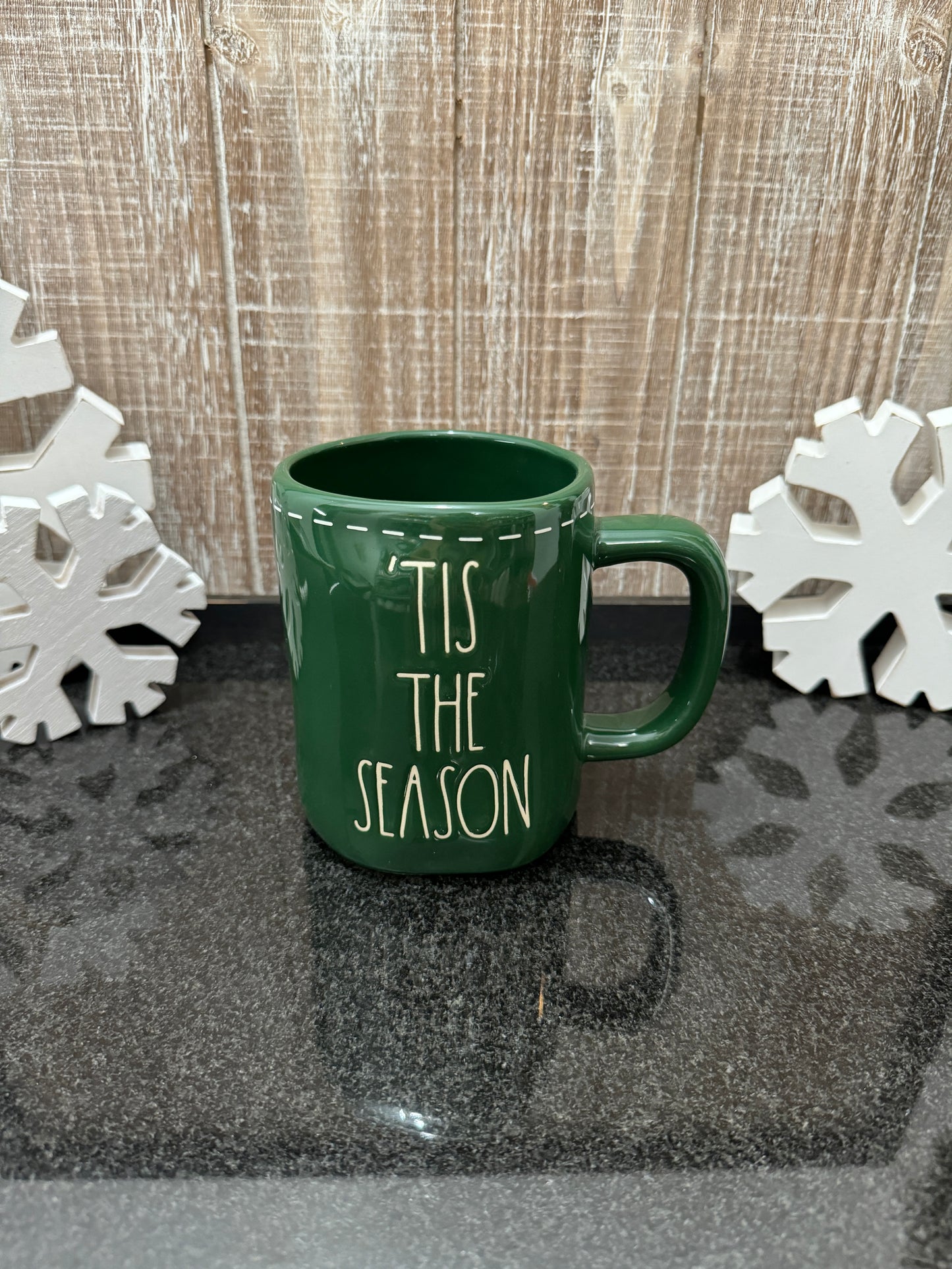 Rae Dunn ‘Tis The Season Green Mug with Printed Stitches