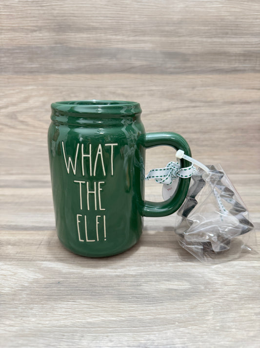 Rae Dunn What The Elf! Mason Jar Style Mug with Cookie Cutter.