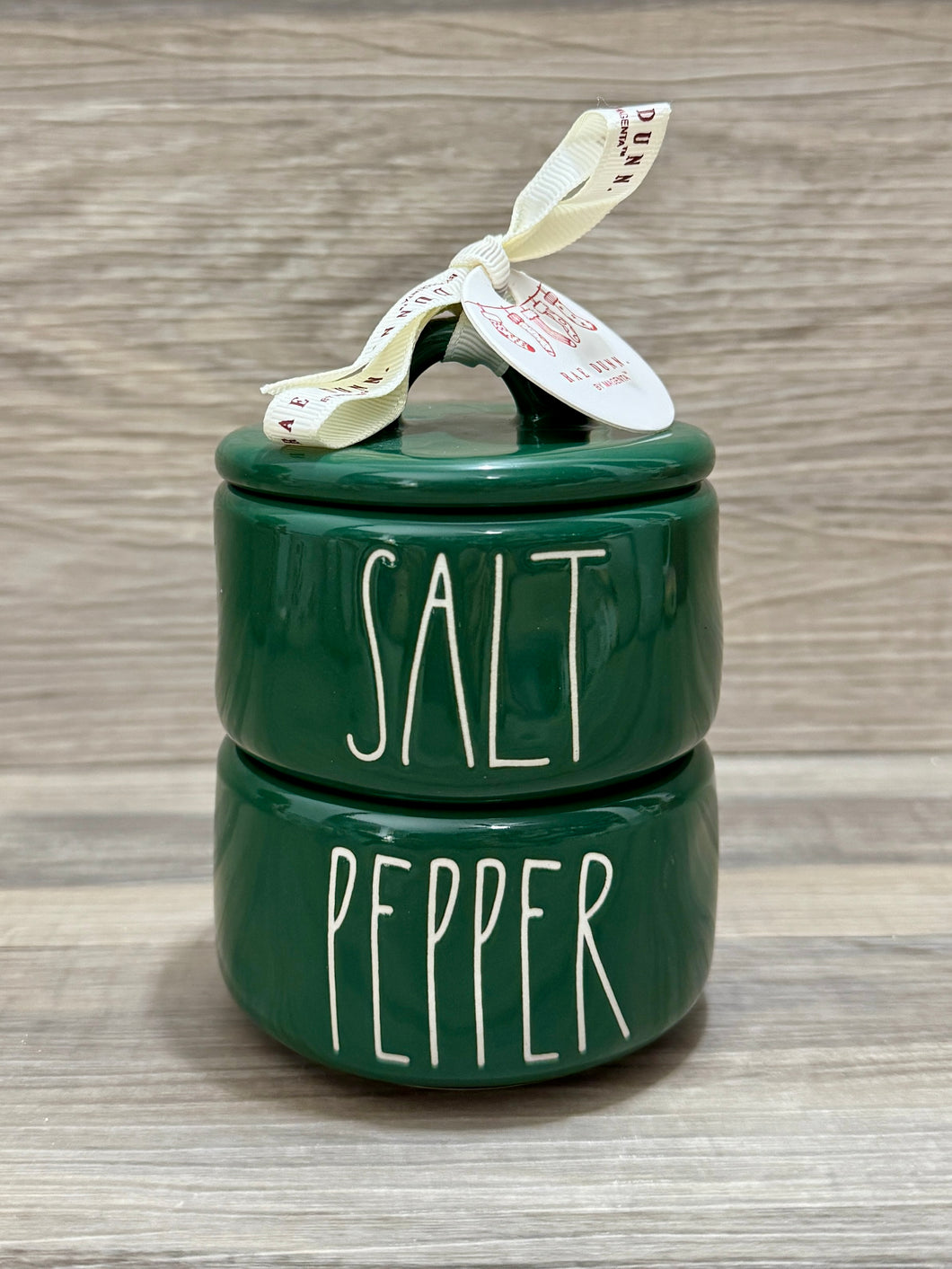 Rae Dunn Green Salt and Pepper Stackers