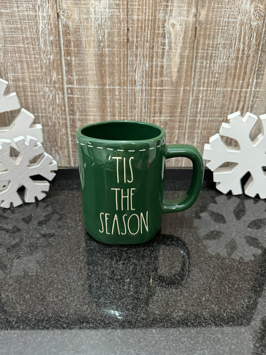 Rae Dunn ‘Tis The Season Green Mug with Printed Stitches