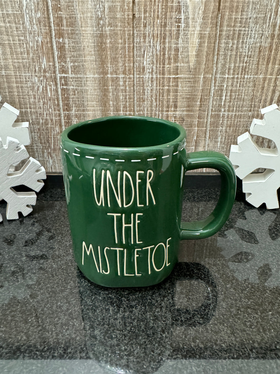 Rae Dunn Under The Mistletoe Green Mug with Printed Stitches