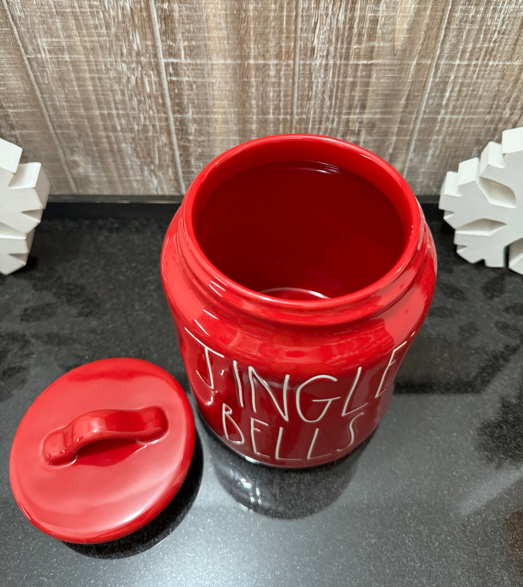 Rae top Dunn Jingle Bells canister