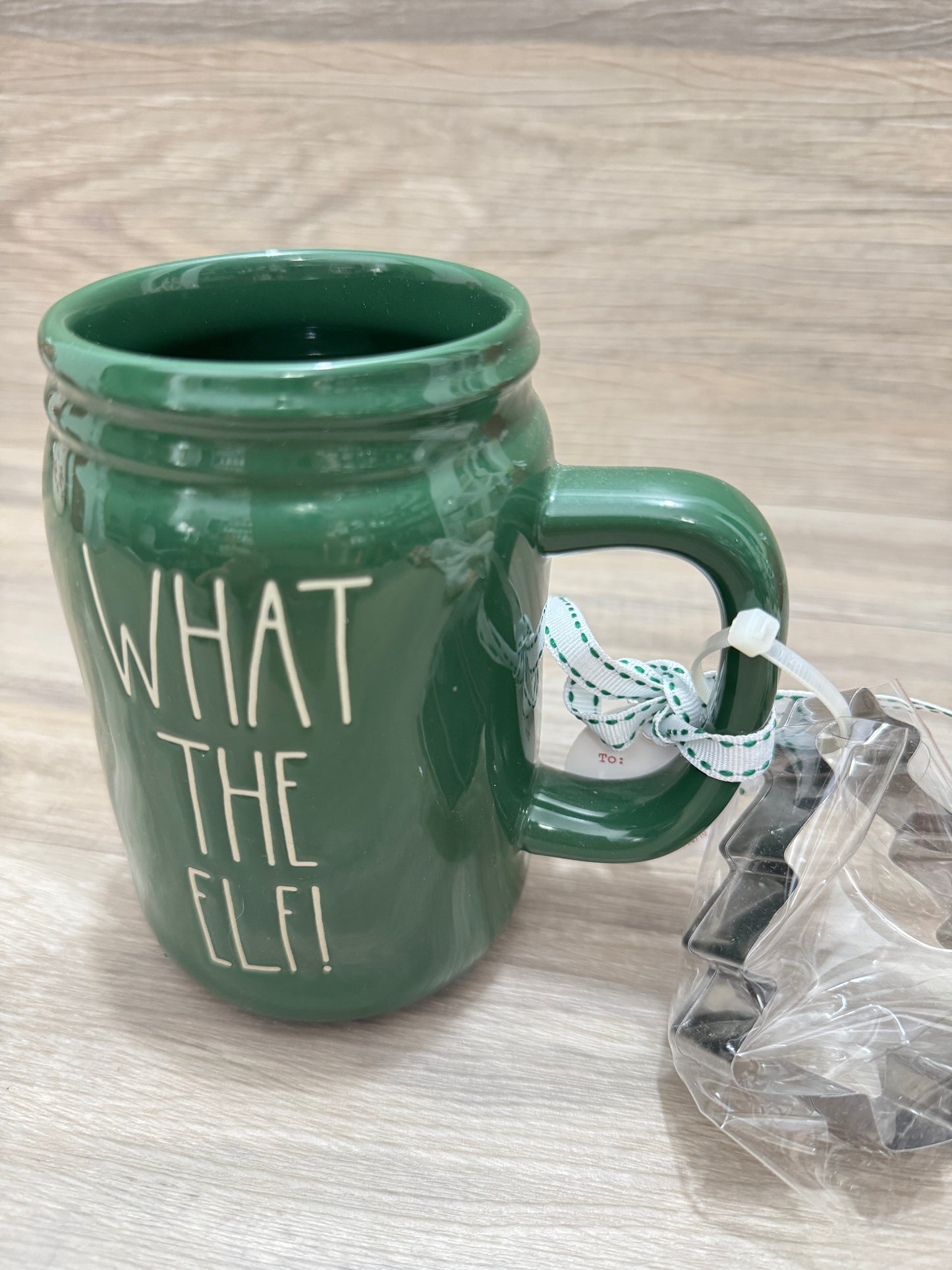 Rae Dunn What The Elf! Mason Jar Style Mug with Cookie Cutter.